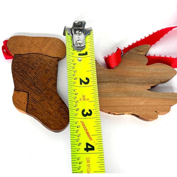 Vintage Wood Christmas Tree Ornaments Dove and Stocking with Red Ribbon Hangers - Picture 7 of 7